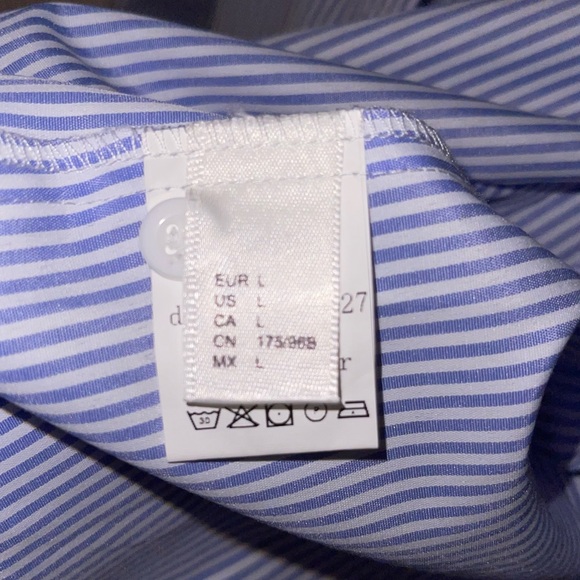 Blue and White Pinstripe Long Sleeve Button Down With Flower Detail - Picture 3 of 3